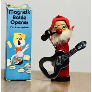 Vintage Magnetic Bottle Opener Corkscrew Playing Guitar 1960s Wooden Bobblehead‎